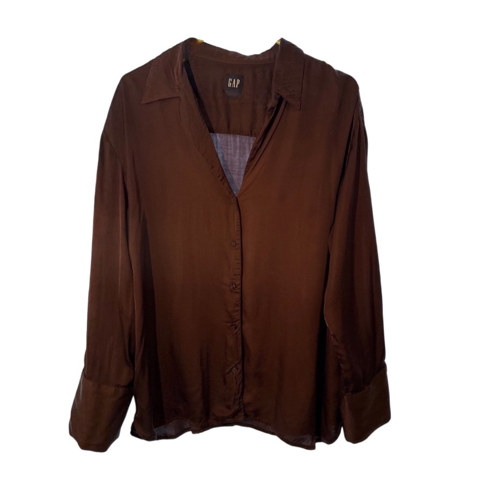 GAP Silky Satin Brown Button-Up Blouse | Oversized Relaxed Fit | Large